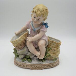 Vintage Porcelain Figurine Piano Baby Girl Baskets Planter 9" x 10" x 5"‎